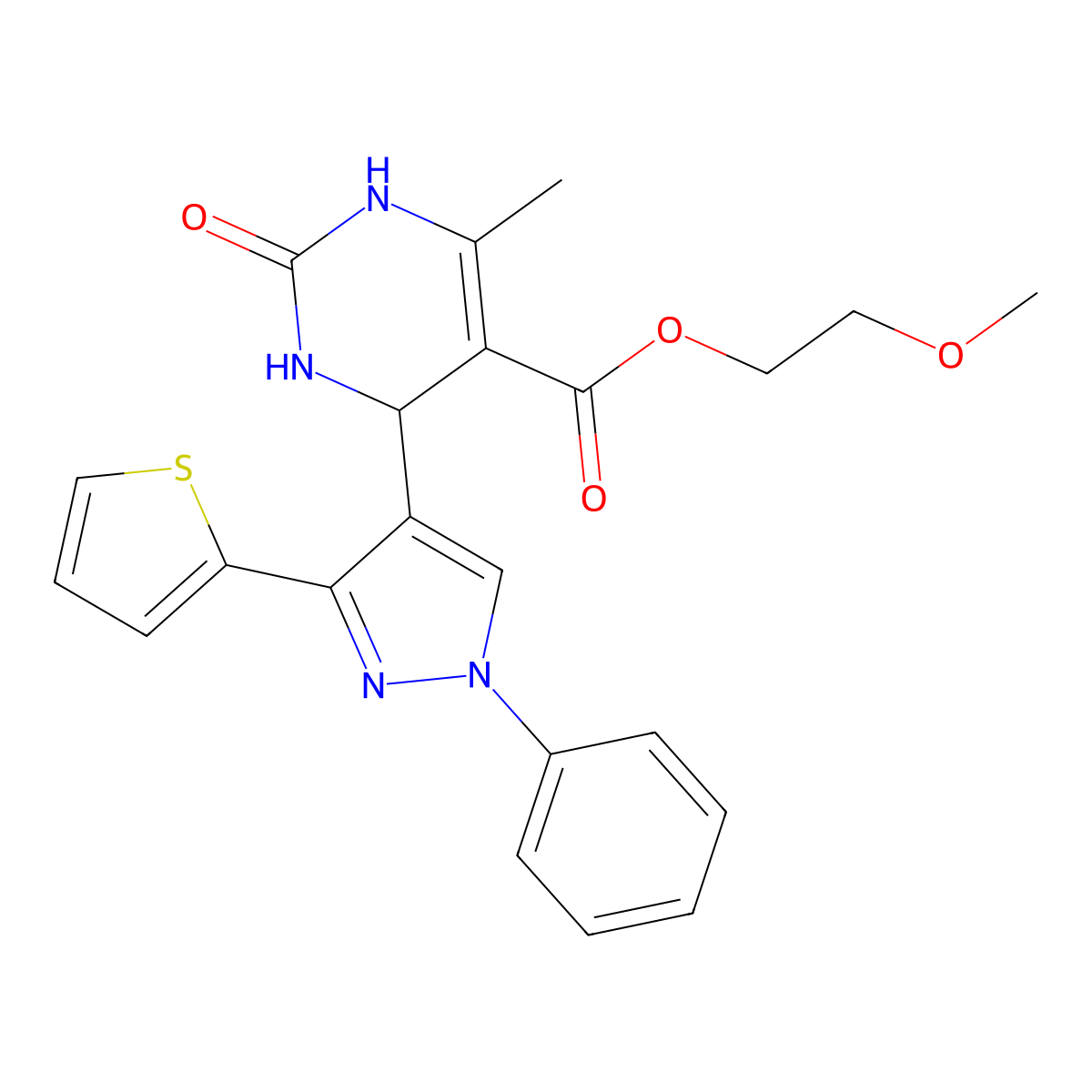 2-methoxyethyl 6-methyl-2-oxo-4-(1-phenyl-3-(thiophen-2-yl)-1H-pyrazol-4-yl)-1,2,3,4-tetrahydropyrimidine-5-carboxylate molecular structure, CAS 438244-11-2