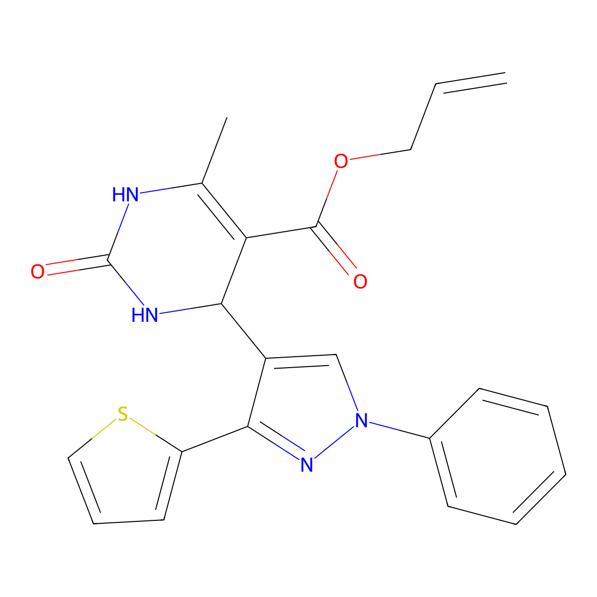 allyl 6-methyl-2-oxo-4-(1-phenyl-3-thien-2-yl-1H-pyrazol-4-yl)-1,2,3,4-tetrahydropyrimidine-5-carboxylate molecular structure, CAS 438244-19-0