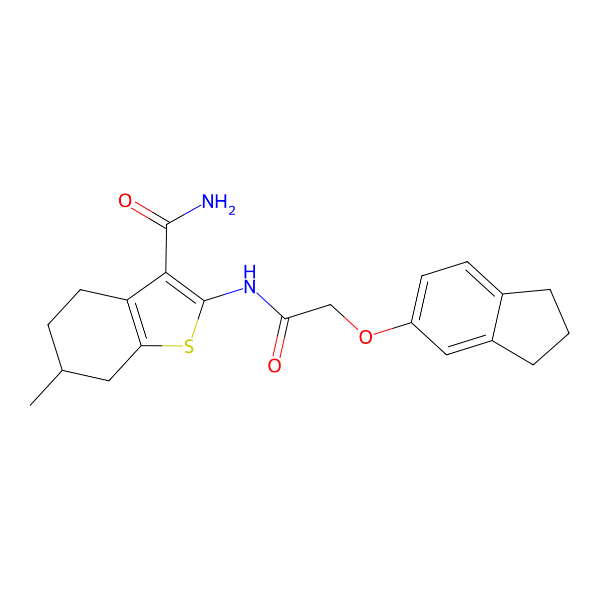2-{[(2,3-dihydro-1H-inden-5-yloxy)acetyl]amino}-6-methyl-4,5,6,7-tetrahydro-1-benzothiophene-3-carboxamide molecular structure, CAS 438452-93-8