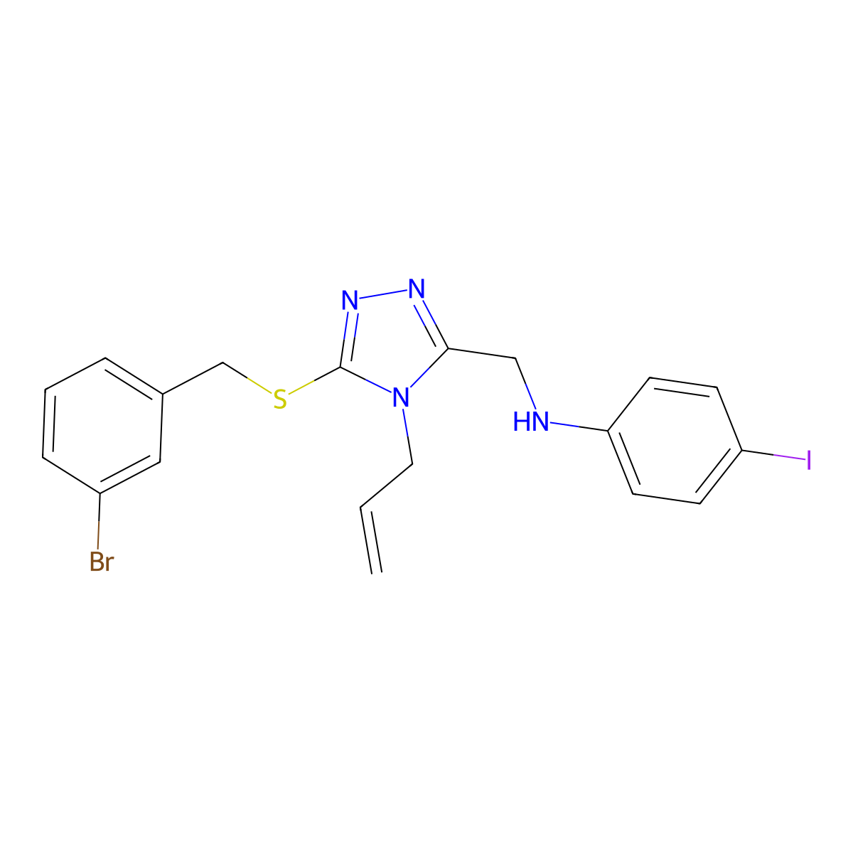 N-[[5-[(3-bromophenyl)methylsulfanyl]-4-prop-2-enyl-1,2,4-triazol-3-yl]methyl]-4-iodoaniline molecular structure, CAS 438454-75-2