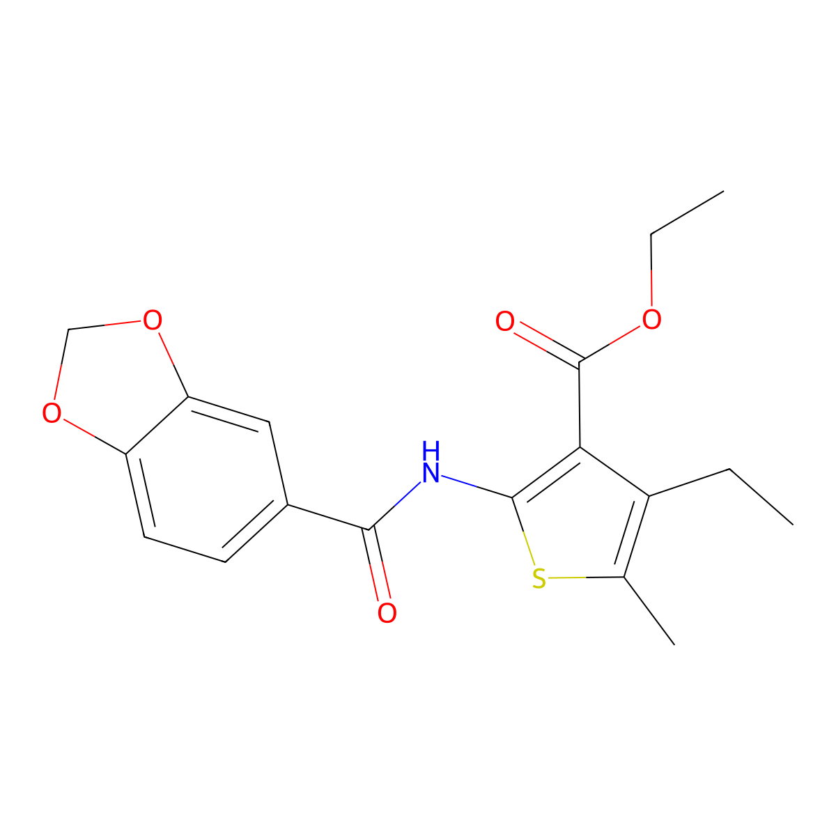Ethyl 2-[(1,3-benzodioxol-5-ylcarbonyl)amino]-4-ethyl-5-methylthiophene-3-carboxylate molecular structure, CAS 438455-99-3