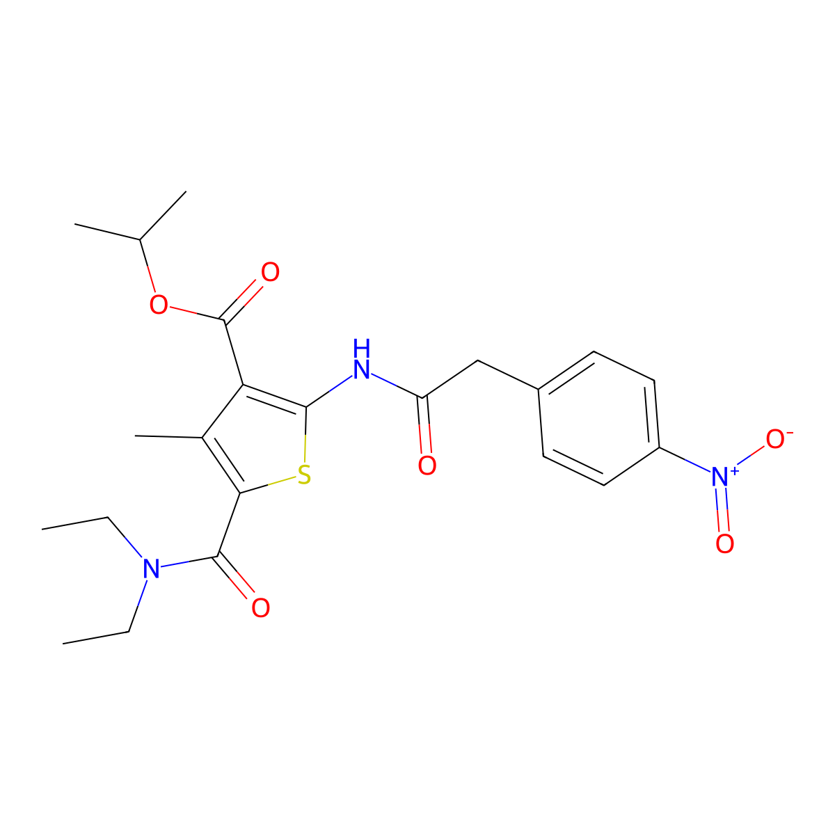 Isopropyl 5-[(diethylamino)carbonyl]-2-[({4-nitrophenyl}acetyl)amino]-4-methyl-3-thiophenecarboxylate molecular structure, CAS 438456-07-6