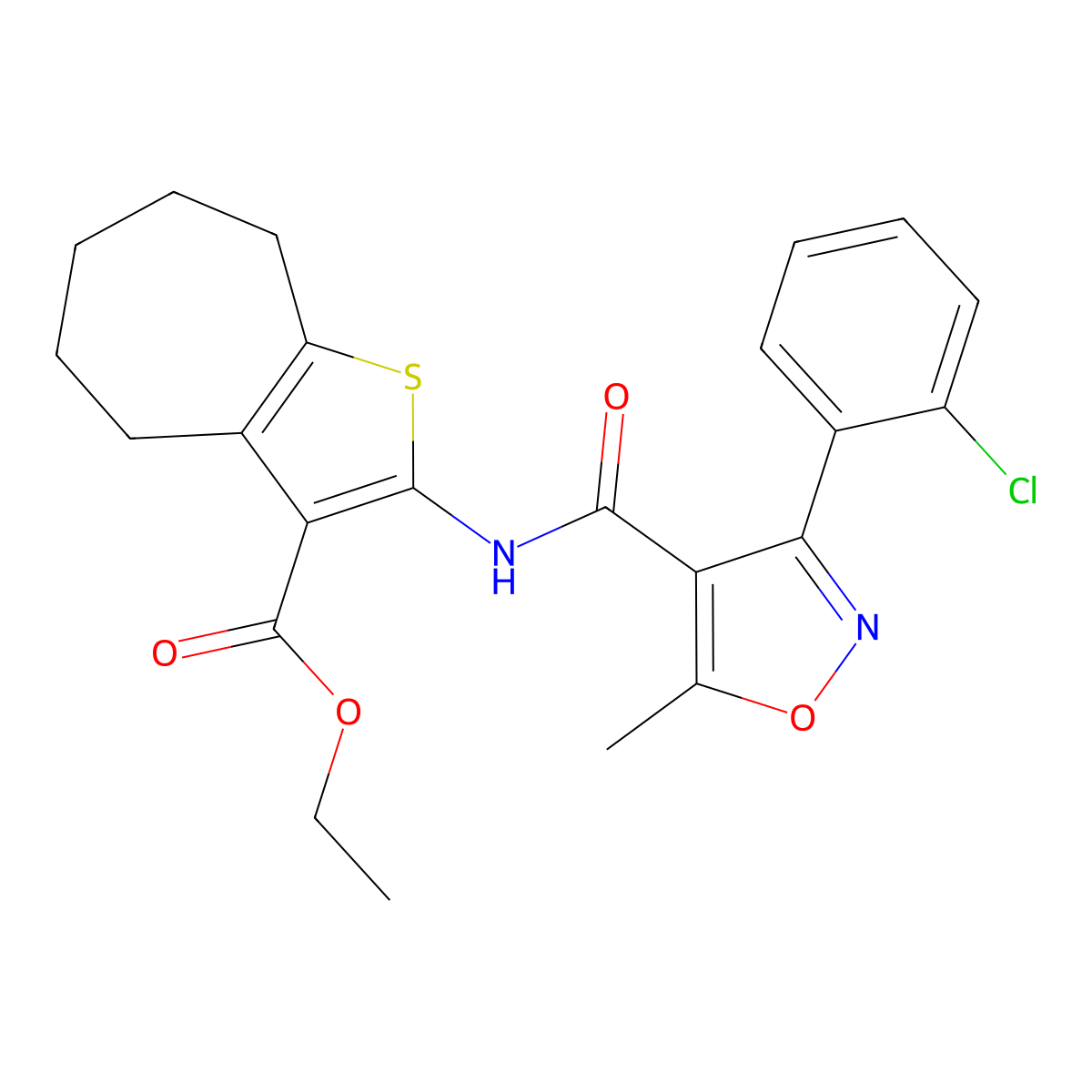 ethyl 2-[[3-(2-chlorophenyl)-5-methyl-1,2-oxazole-4-carbonyl]amino]-5,6,7,8-tetrahydro-4H-cyclohepta[b]thiophene-3-carboxylate molecular structure, CAS 438457-03-5