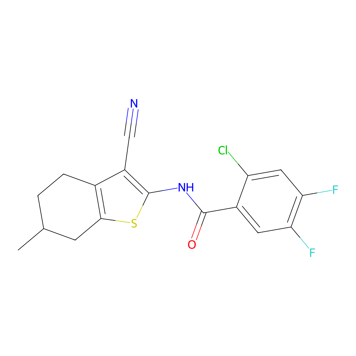 2-chloro-N-(3-cyano-6-methyl-4,5,6,7-tetrahydro-1-benzothiophen-2-yl)-4,5-difluorobenzamide molecular structure, CAS 438463-96-8