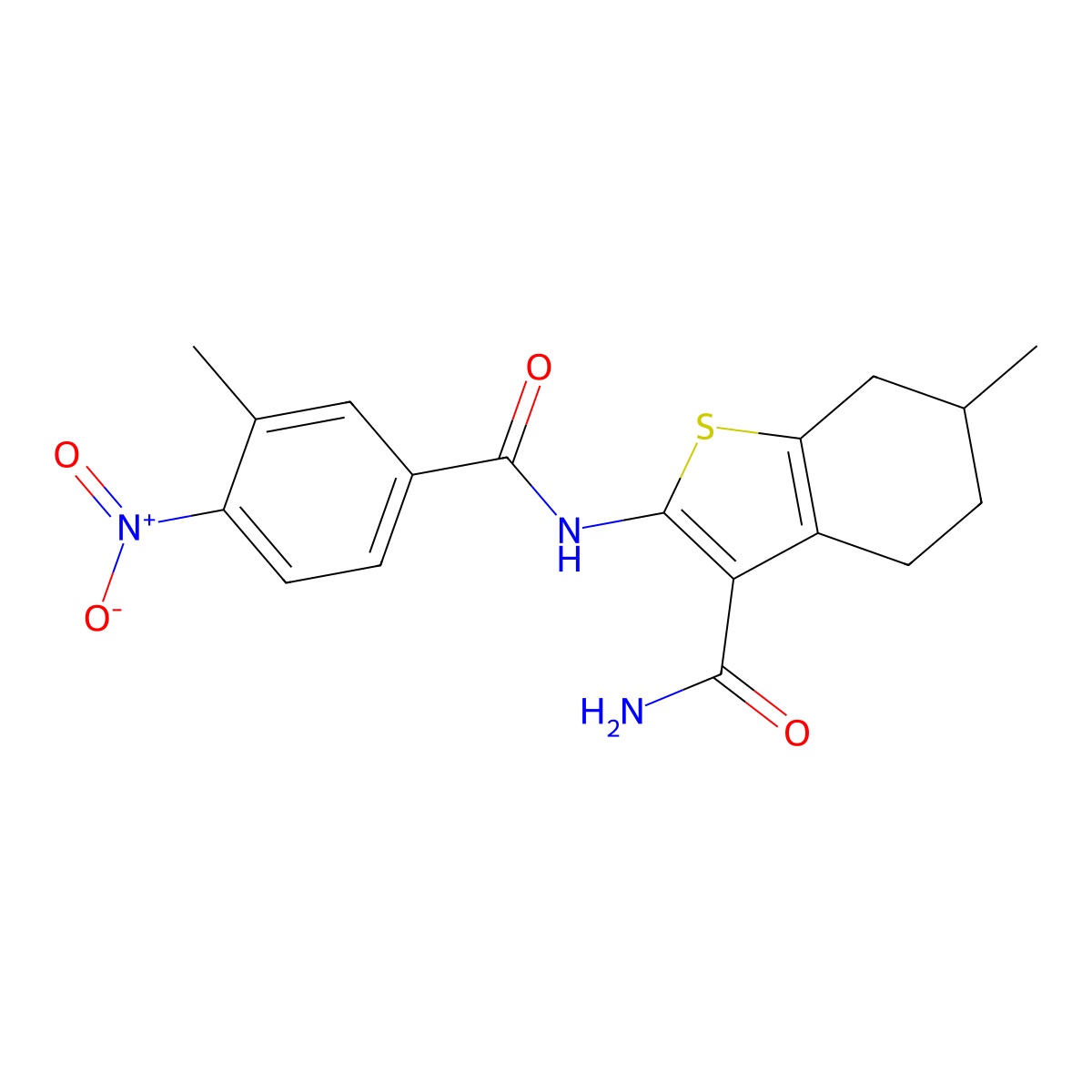 6-Methyl-2-[(3-methyl-4-nitrobenzoyl)amino]-4,5,6,7-tetrahydro-1-benzothiophene-3-carboxamide molecular structure, CAS 438463-97-9