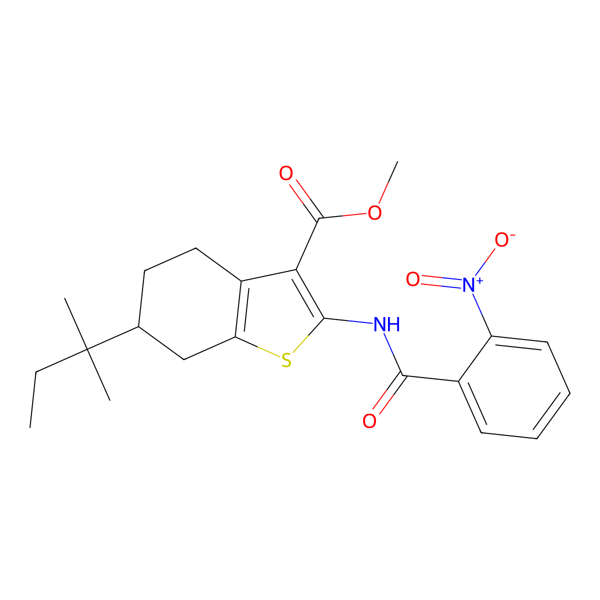 Methyl 6-(2-methylbutan-2-yl)-2-[(2-nitrobenzoyl)amino]-4,5,6,7-tetrahydro-1-benzothiophene-3-carboxylate molecular structure, CAS 438465-94-2