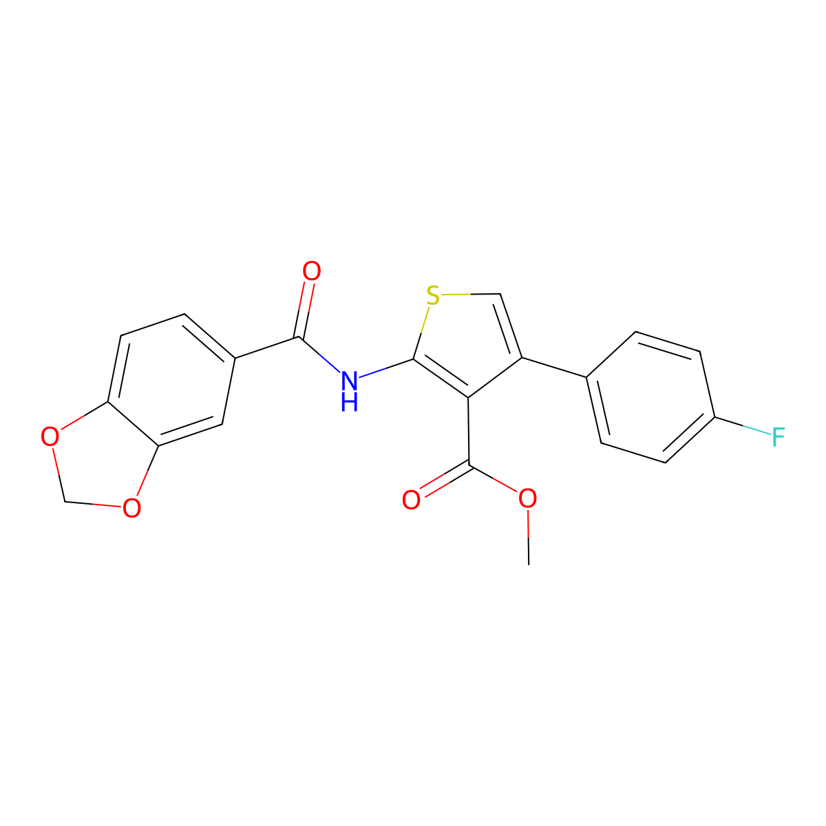 Methyl 2-(1,3-benzodioxole-5-carbonylamino)-4-(4-fluorophenyl)thiophene-3-carboxylate molecular structure, CAS 438466-46-7
