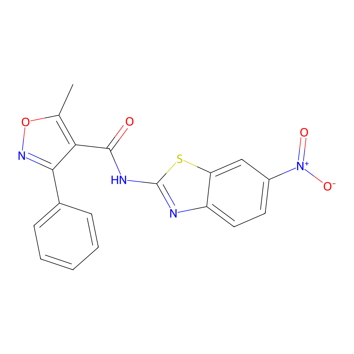 N-{6-nitro-1,3-benzothiazol-2-yl}-5-methyl-3-phenyl-4-isoxazolecarboxamide molecular structure, CAS 438466-97-8