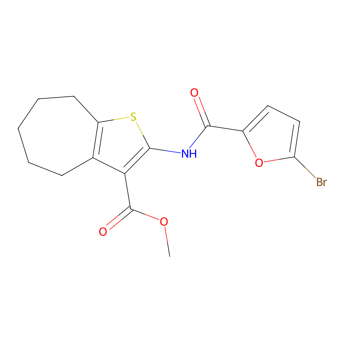 methyl 2-[(5-bromo-2-furoyl)amino]-5,6,7,8-tetrahydro-4H-cyclohepta[b]thiophene-3-carboxylate molecular structure, CAS 438467-36-8