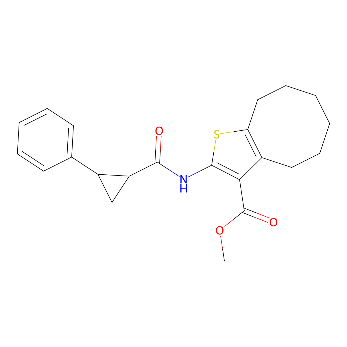 Methyl 2-{[(2-phenylcyclopropyl)carbonyl]amino}-4,5,6,7,8,9-hexahydrocycloocta[b]thiophene-3-carboxylate molecular structure, CAS 438467-62-0