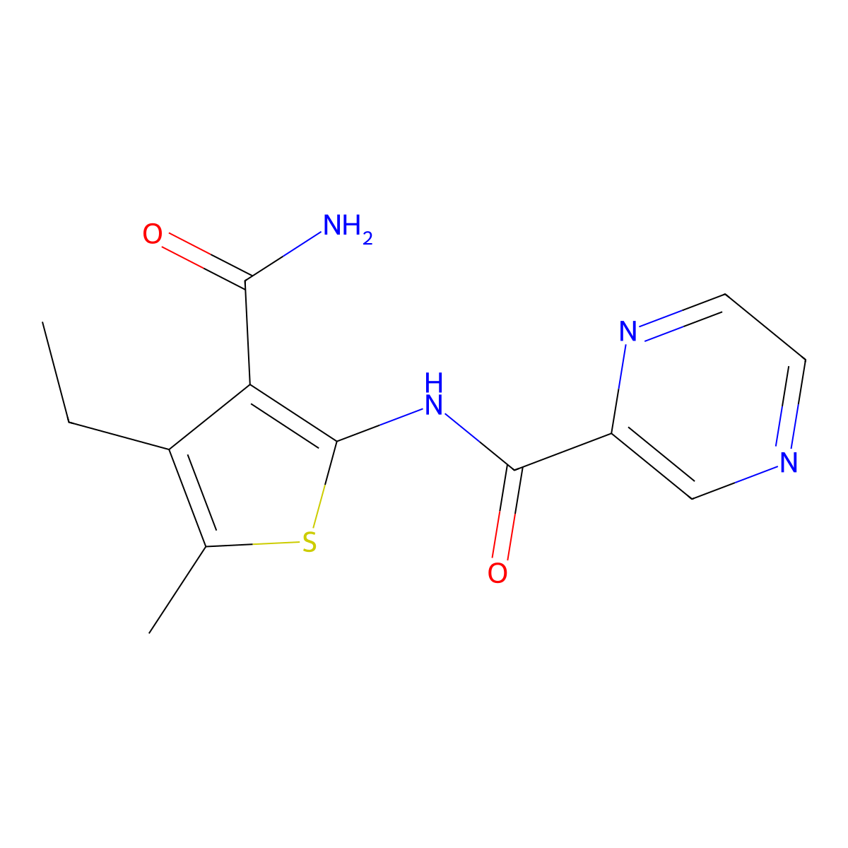 N-(3-carbamoyl-4-ethyl-5-methylthiophen-2-yl)pyrazine-2-carboxamide molecular structure, CAS 438471-36-4
