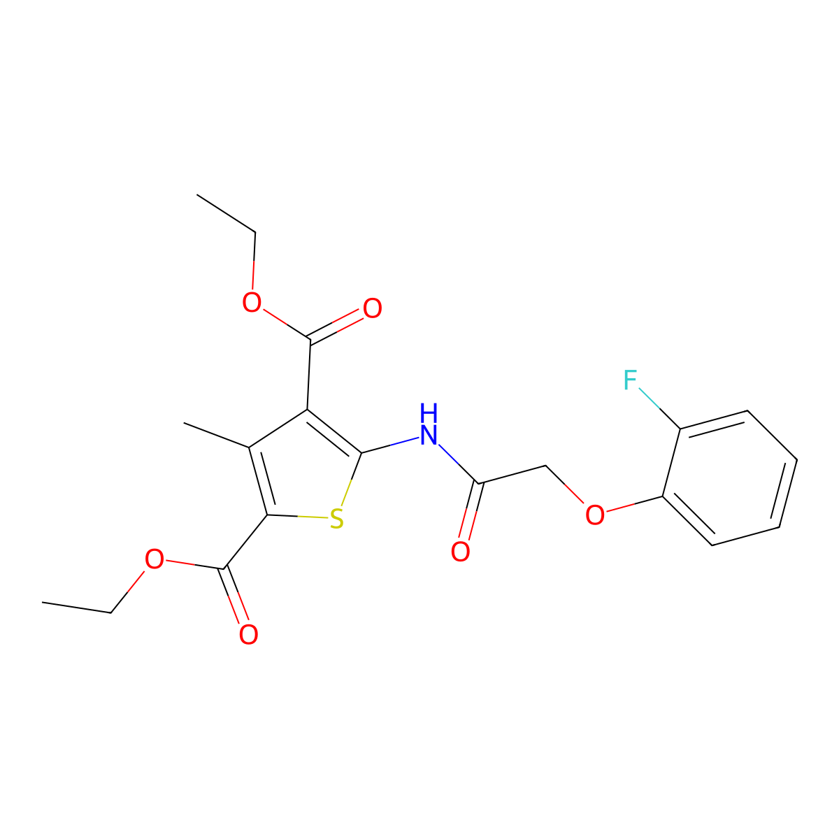 Diethyl 5-{[(2-fluorophenoxy)acetyl]amino}-3-methyl-2,4-thiophenedicarboxylate molecular structure, CAS 438471-47-7