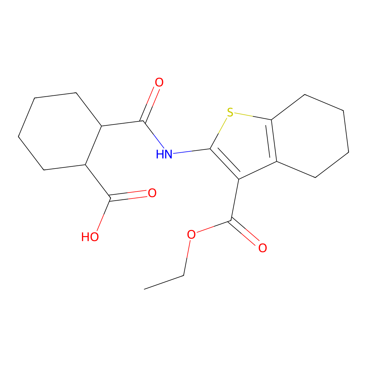 2-{[3-(Ethoxycarbonyl)-4,5,6,7-tetrahydro-1-benzothiophen-2-yl]carbamoyl}cyclohexanecarboxylic acid molecular structure, CAS 438472-78-7