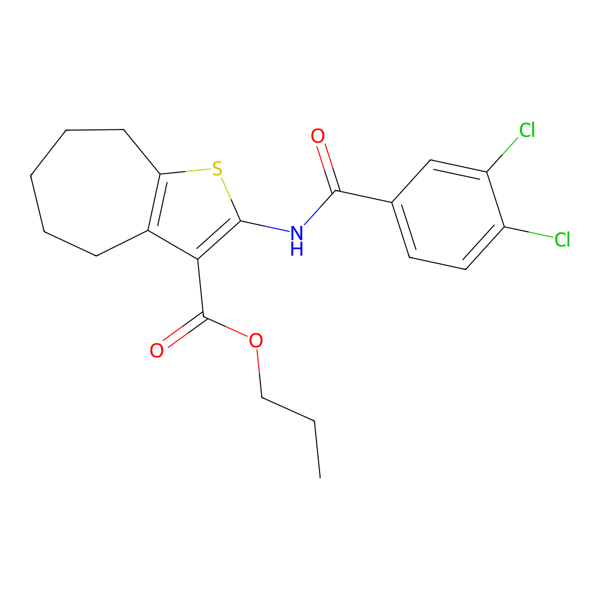 propyl 2-[(3,4-dichlorobenzoyl)amino]-5,6,7,8-tetrahydro-4H-cyclohepta[b]thiophene-3-carboxylate molecular structure, CAS 438473-79-1