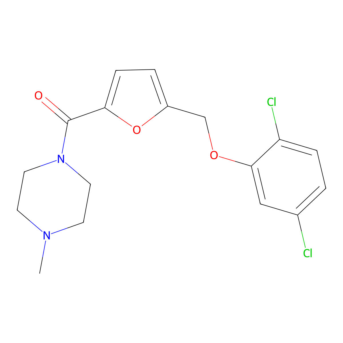 (5-((2,5-Dichlorophenoxy)methyl)furan-2-yl)(4-methylpiperazin-1-yl)methanone molecular structure, CAS 438474-97-6
