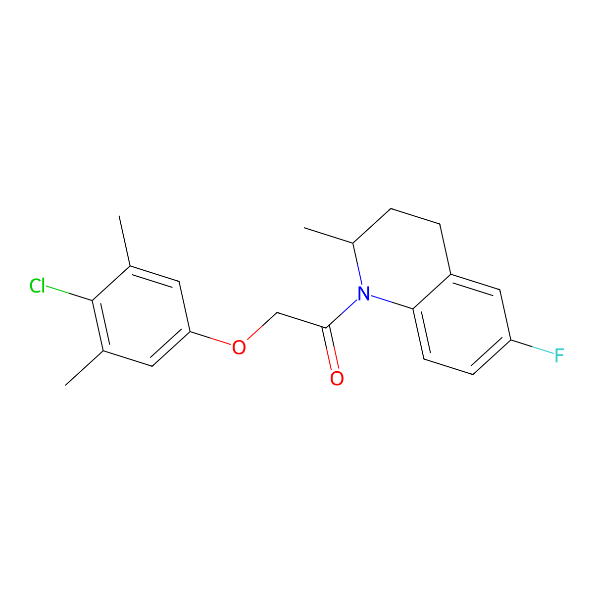 2-(4-chloro-3,5-dimethylphenoxy)-1-(6-fluoro-2-methyl-3,4-dihydro-2H-quinolin-1-yl)ethanone molecular structure, CAS 438475-42-4