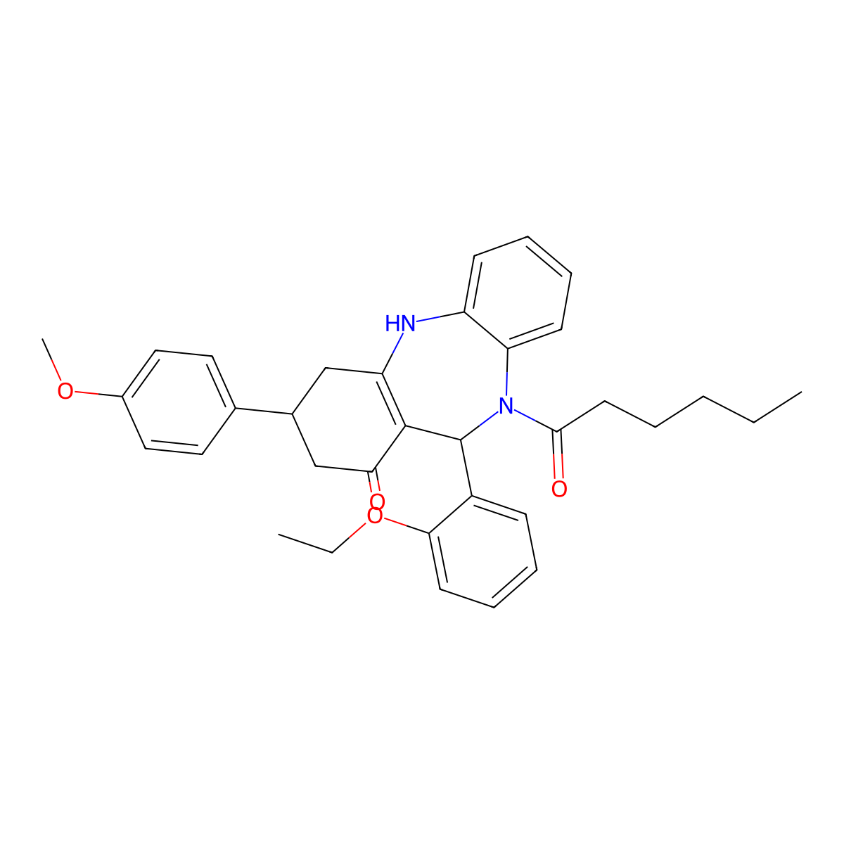 6-(2-ethoxyphenyl)-5-hexanoyl-9-(4-methoxyphenyl)-8,9,10,11-tetrahydro-6H-benzo[b][1,4]benzodiazepin-7-one molecular structure, CAS 438476-22-3