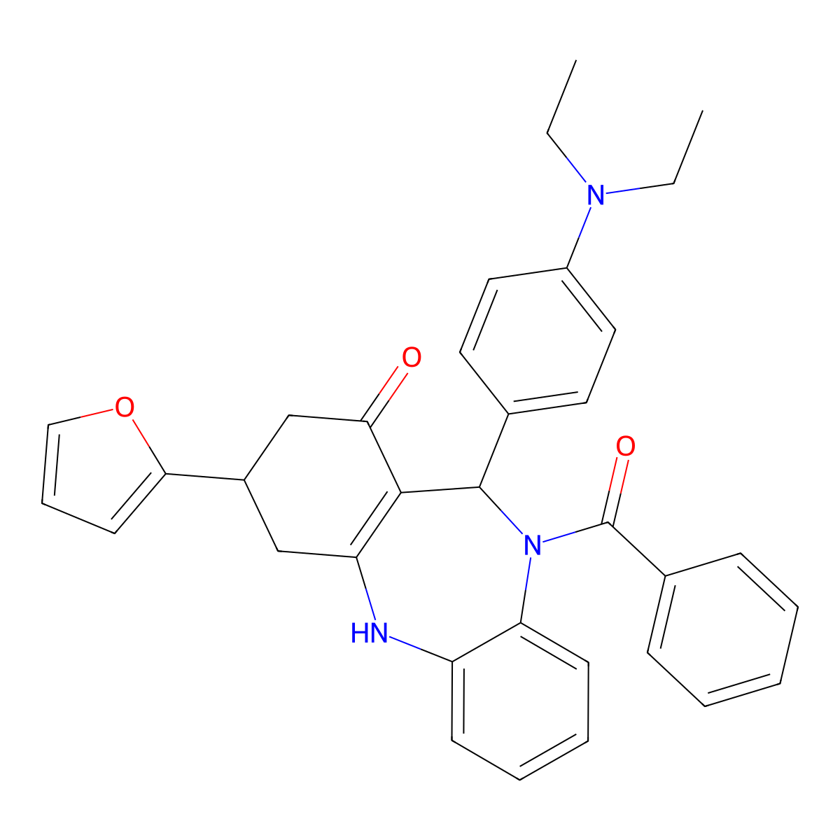 5-benzoyl-6-[4-(diethylamino)phenyl]-9-(furan-2-yl)-8,9,10,11-tetrahydro-6H-benzo[b][1,4]benzodiazepin-7-one molecular structure, CAS 438476-25-6