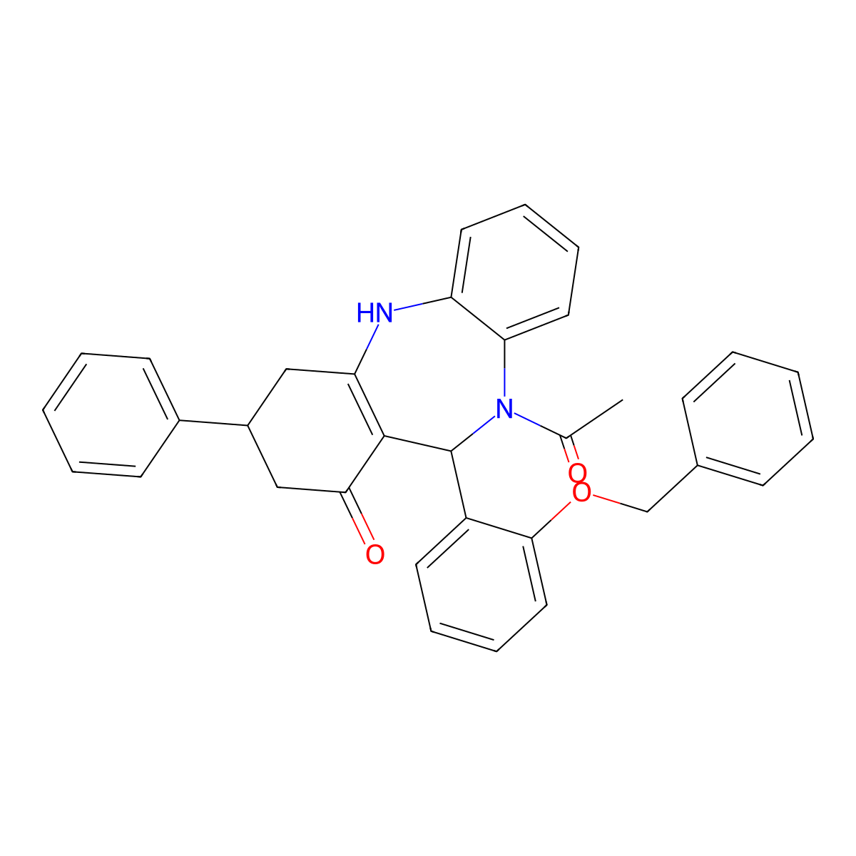5-acetyl-9-phenyl-6-(2-phenylmethoxyphenyl)-8,9,10,11-tetrahydro-6H-benzo[b][1,4]benzodiazepin-7-one molecular structure, CAS 438476-27-8