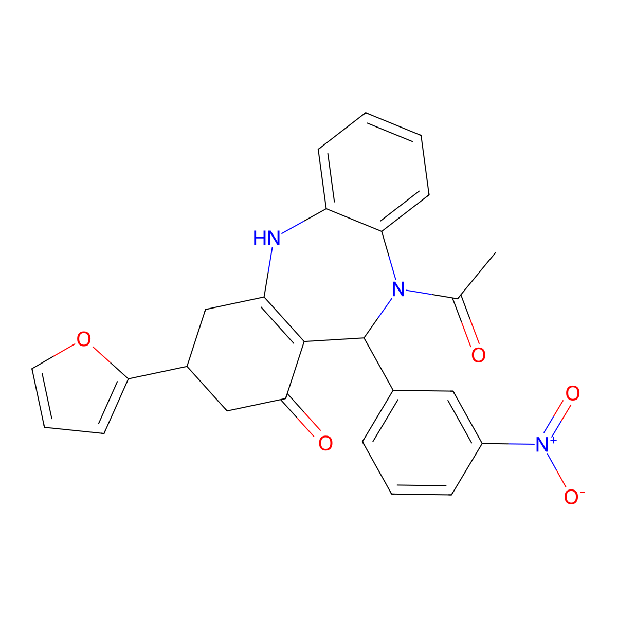 10-acetyl-3-(2-furyl)-11-{3-nitrophenyl}-2,3,4,5,10,11-hexahydro-1H-dibenzo[b,e][1,4]diazepin-1-one molecular structure, CAS 438476-28-9