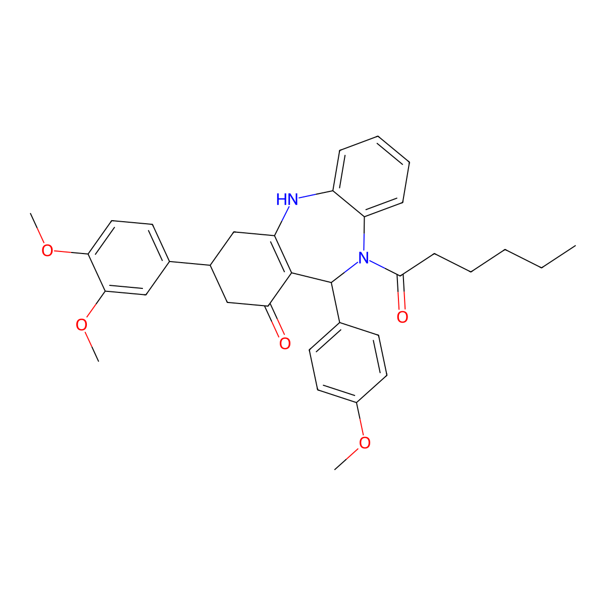 9-(3,4-dimethoxyphenyl)-5-hexanoyl-6-(4-methoxyphenyl)-8,9,10,11-tetrahydro-6H-benzo[b][1,4]benzodiazepin-7-one molecular structure, CAS 438476-31-4