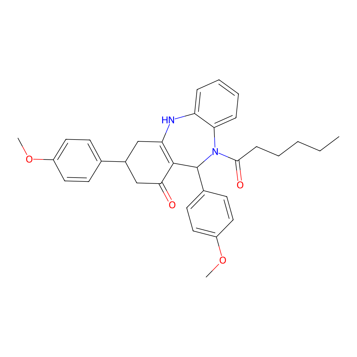 10-hexanoyl-3,11-bis(4-methoxyphenyl)-2,3,4,5,10,11-hexahydro-1H-dibenzo[b,e][1,4]diazepin-1-one molecular structure, CAS 438476-32-5