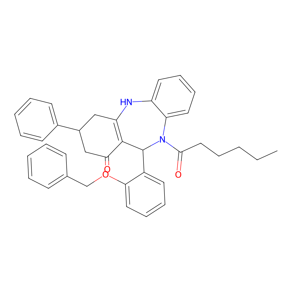 5-hexanoyl-9-phenyl-6-(2-phenylmethoxyphenyl)-8,9,10,11-tetrahydro-6H-benzo[b][1,4]benzodiazepin-7-one molecular structure, CAS 438476-36-9