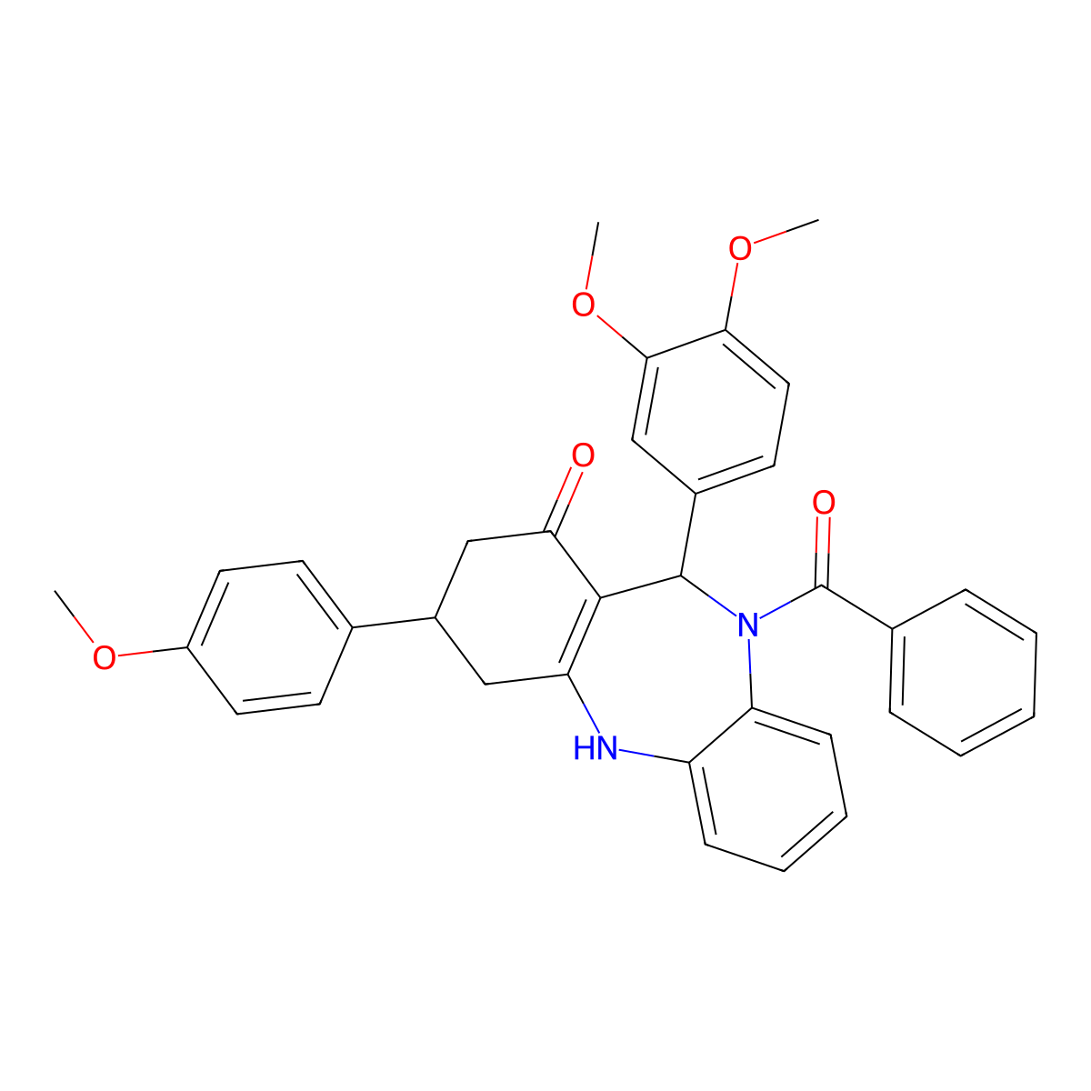 10-benzoyl-11-(3,4-dimethoxyphenyl)-3-(4-methoxyphenyl)-2,3,4,5,10,11-hexahydro-1H-dibenzo[b,e][1,4]diazepin-1-one molecular structure, CAS 438476-43-8