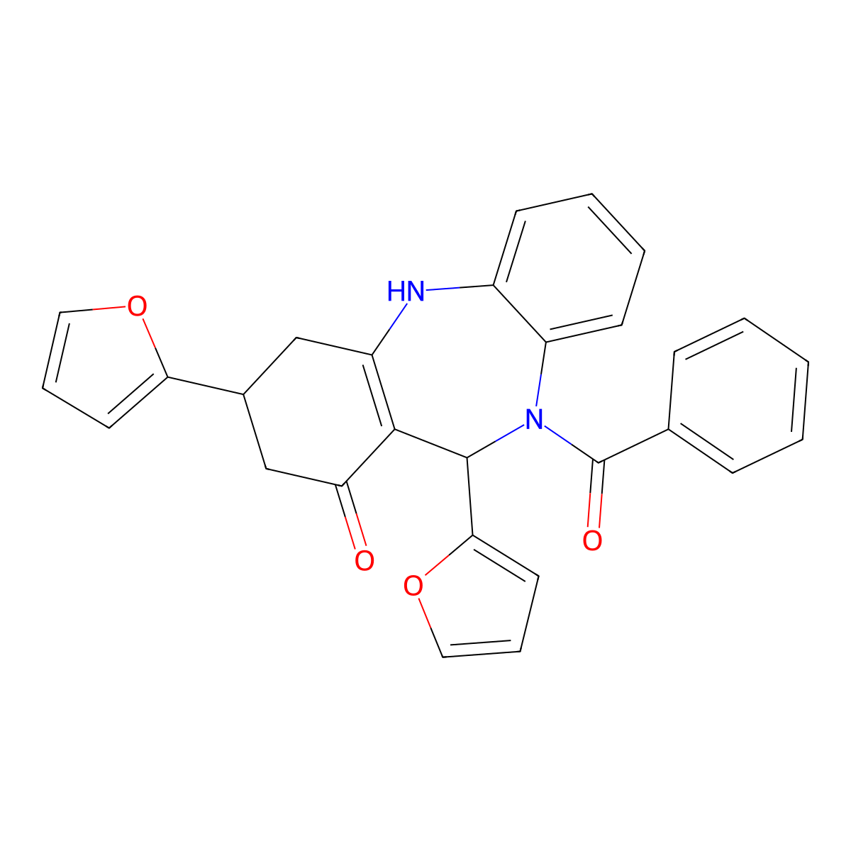 5-benzoyl-6,9-bis(furan-2-yl)-8,9,10,11-tetrahydro-6H-benzo[b][1,4]benzodiazepin-7-one molecular structure, CAS 438476-44-9