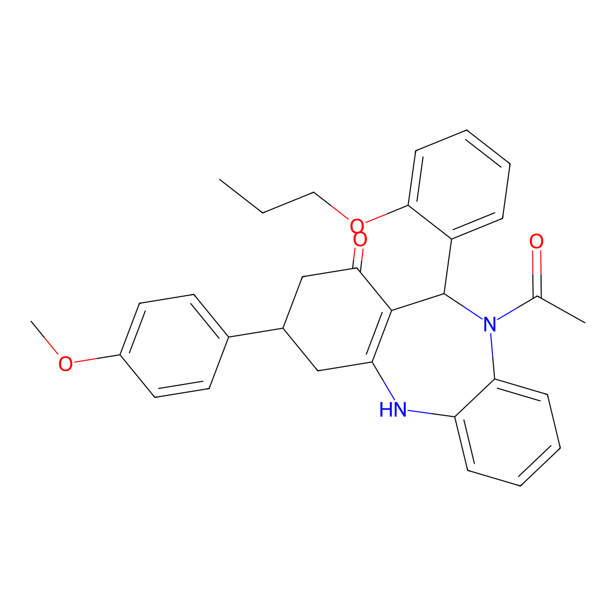 5-acetyl-9-(4-methoxyphenyl)-6-(2-propoxyphenyl)-8,9,10,11-tetrahydro-6H-benzo[b][1,4]benzodiazepin-7-one molecular structure, CAS 438476-48-3