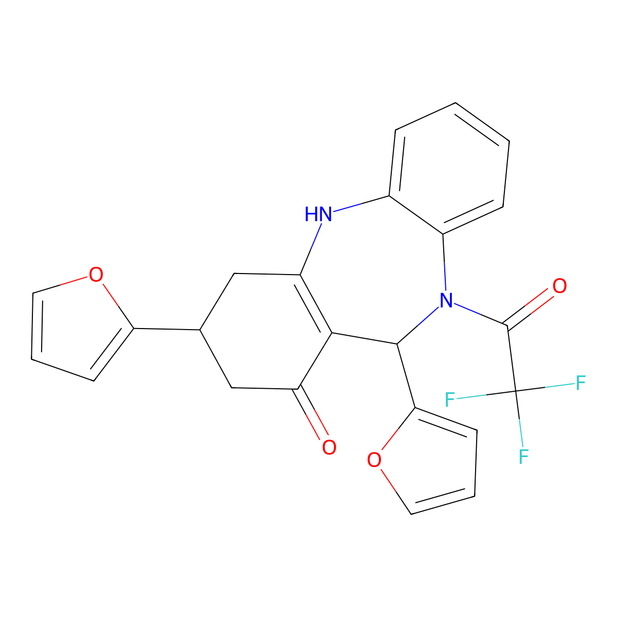 6,9-bis(furan-2-yl)-5-(2,2,2-trifluoroacetyl)-8,9,10,11-tetrahydro-6H-benzo[b][1,4]benzodiazepin-7-one molecular structure, CAS 438476-50-7