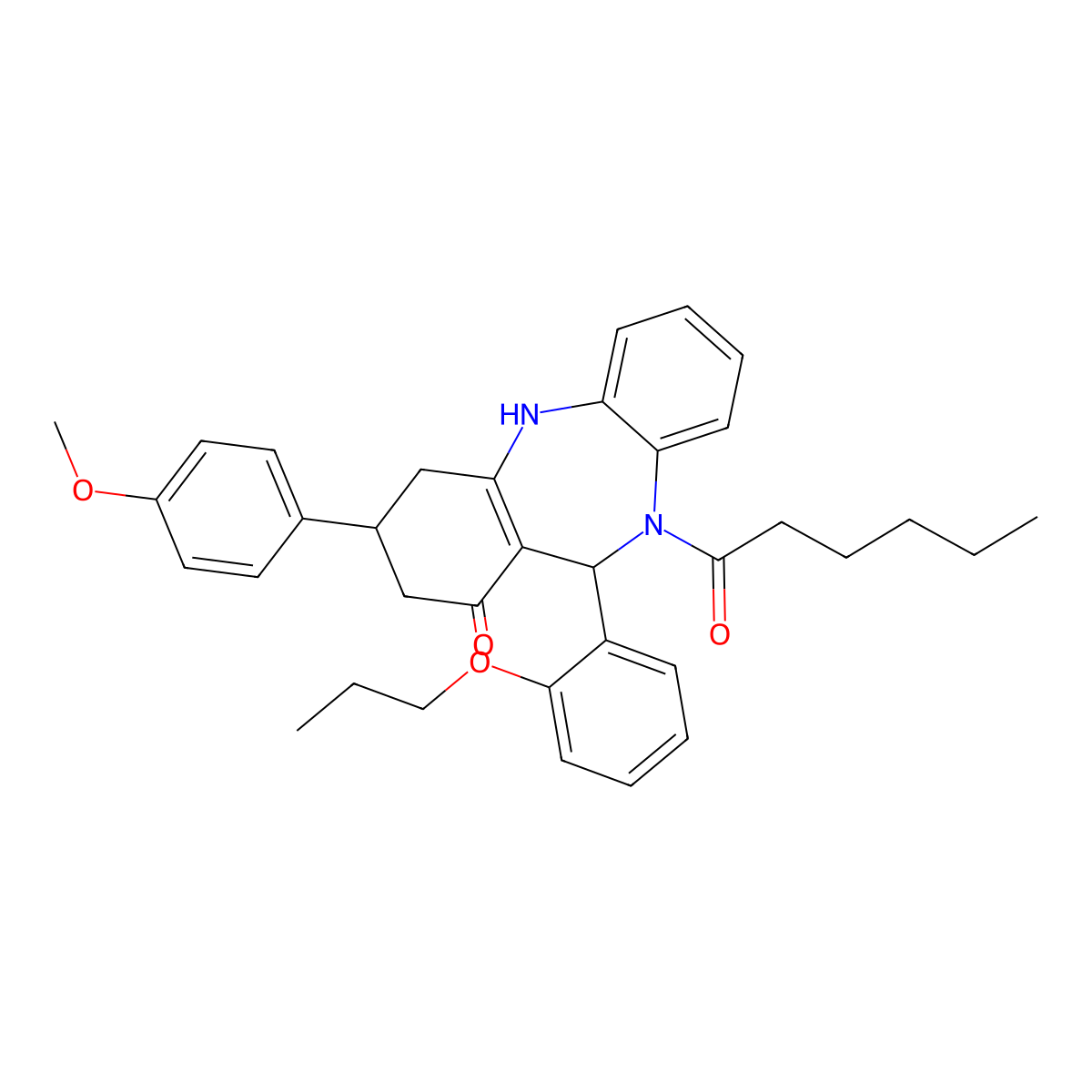 5-hexanoyl-9-(4-methoxyphenyl)-6-(2-propoxyphenyl)-8,9,10,11-tetrahydro-6H-benzo[b][1,4]benzodiazepin-7-one molecular structure, CAS 438476-53-0