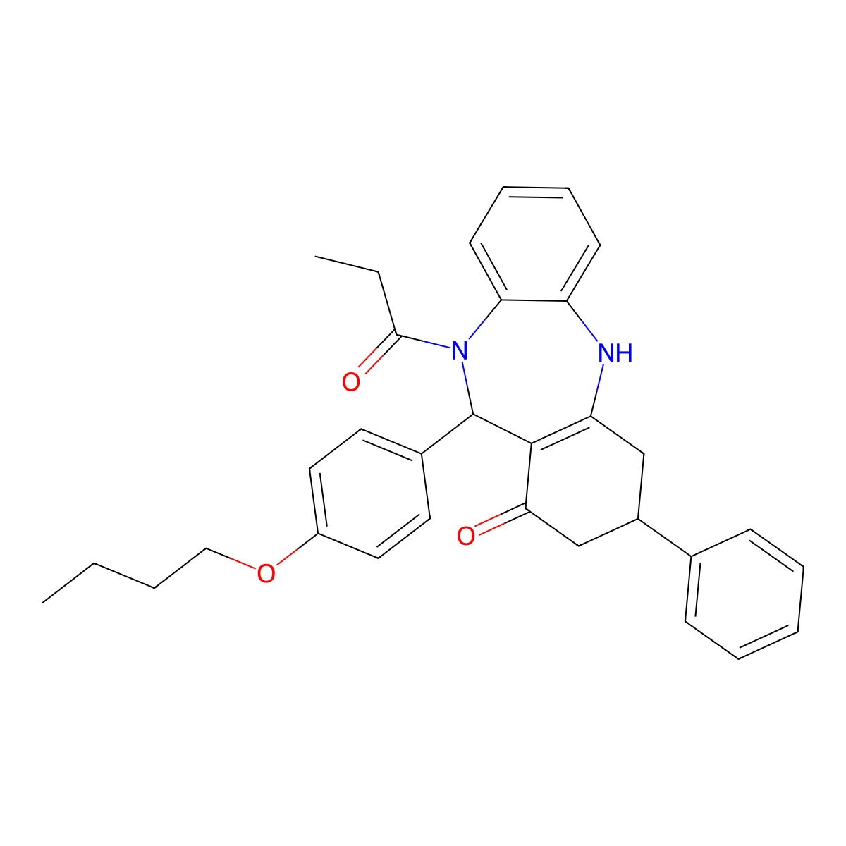 6-(4-butoxyphenyl)-9-phenyl-5-propanoyl-8,9,10,11-tetrahydro-6H-benzo[b][1,4]benzodiazepin-7-one molecular structure, CAS 438476-54-1
