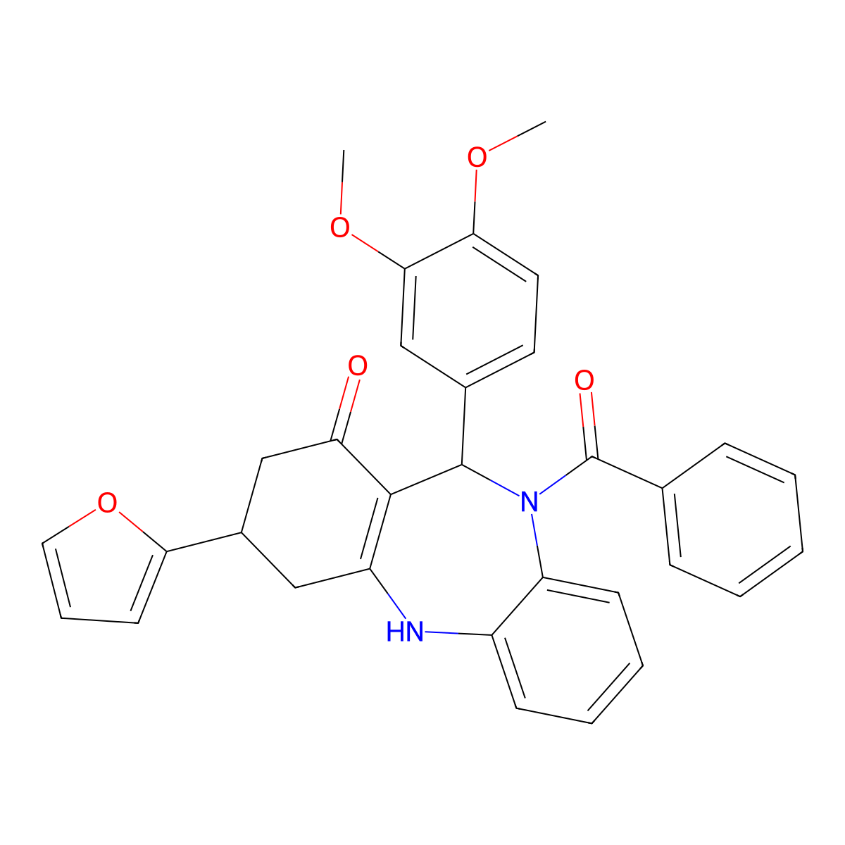 5-benzoyl-6-(3,4-dimethoxyphenyl)-9-(furan-2-yl)-8,9,10,11-tetrahydro-6H-benzo[b][1,4]benzodiazepin-7-one molecular structure, CAS 438476-55-2