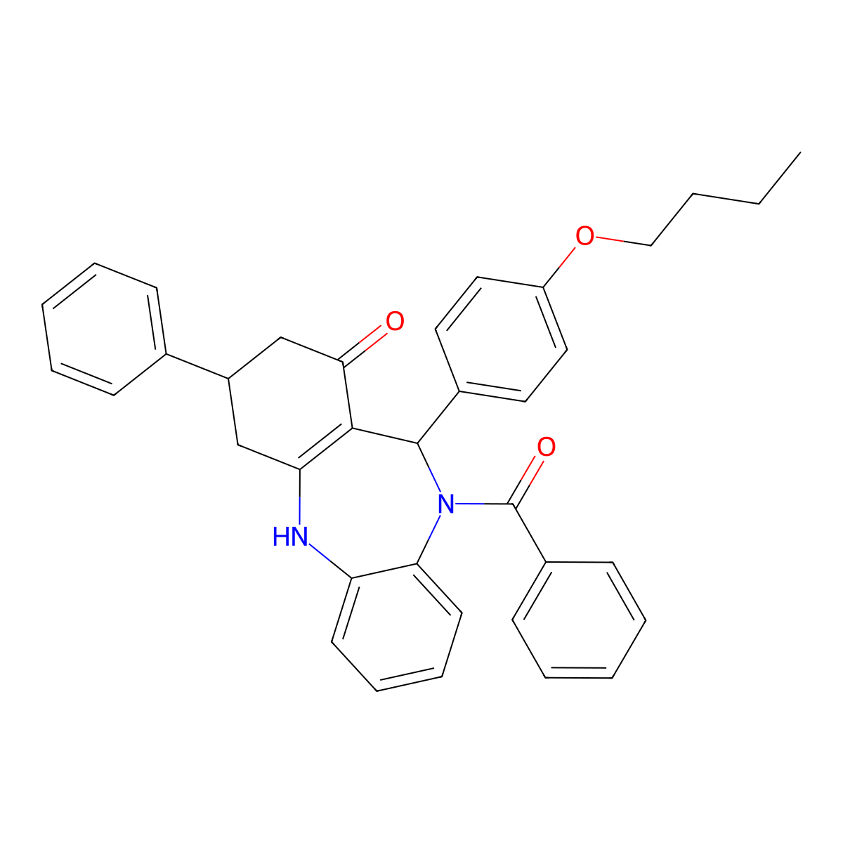 5-benzoyl-6-(4-butoxyphenyl)-9-phenyl-8,9,10,11-tetrahydro-6H-benzo[b][1,4]benzodiazepin-7-one molecular structure, CAS 438476-56-3