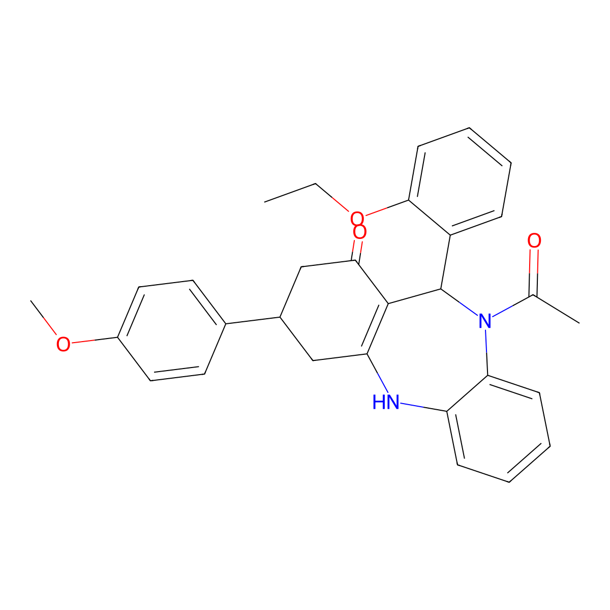 5-acetyl-6-(2-ethoxyphenyl)-9-(4-methoxyphenyl)-8,9,10,11-tetrahydro-6H-benzo[b][1,4]benzodiazepin-7-one molecular structure, CAS 438476-57-4