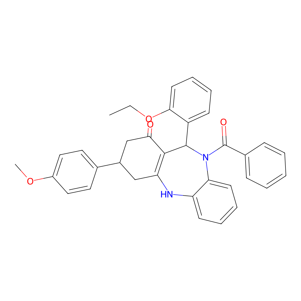 5-benzoyl-6-(2-ethoxyphenyl)-9-(4-methoxyphenyl)-8,9,10,11-tetrahydro-6H-benzo[b][1,4]benzodiazepin-7-one molecular structure, CAS 438476-60-9