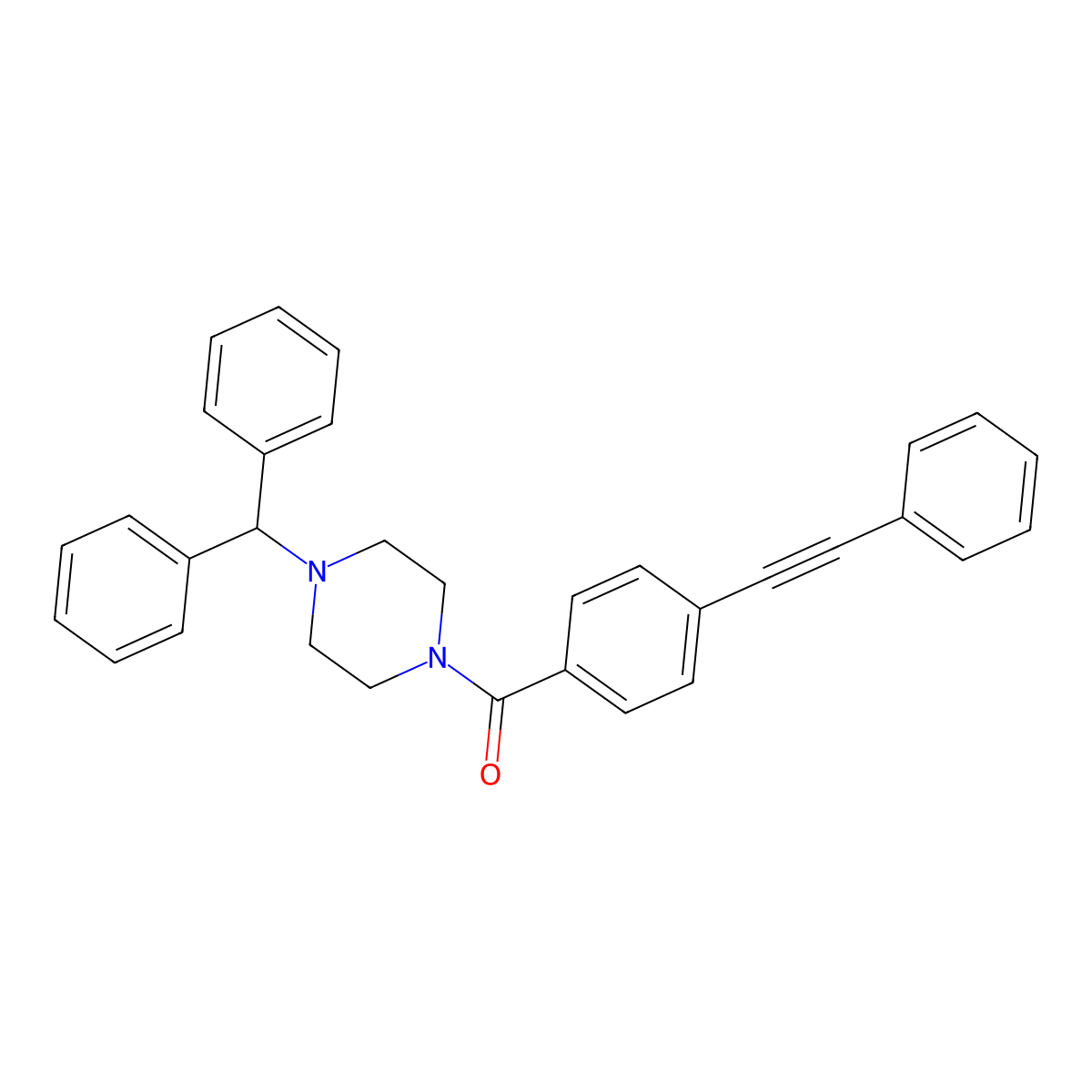 (4-Benzhydrylpiperazin-1-yl)-[4-(2-phenylethynyl)phenyl]methanone molecular structure, CAS 438477-09-9