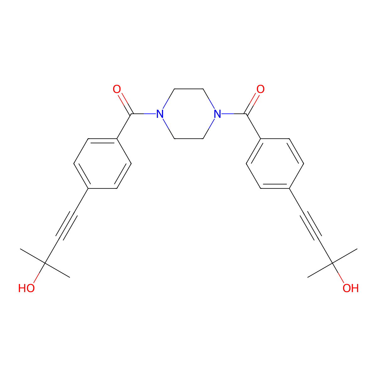 [4-[4-(3-Hydroxy-3-methylbut-1-ynyl)benzoyl]piperazin-1-yl]-[4-(3-hydroxy-3-methylbut-1-ynyl)phenyl]methanone molecular structure, CAS 438477-17-9