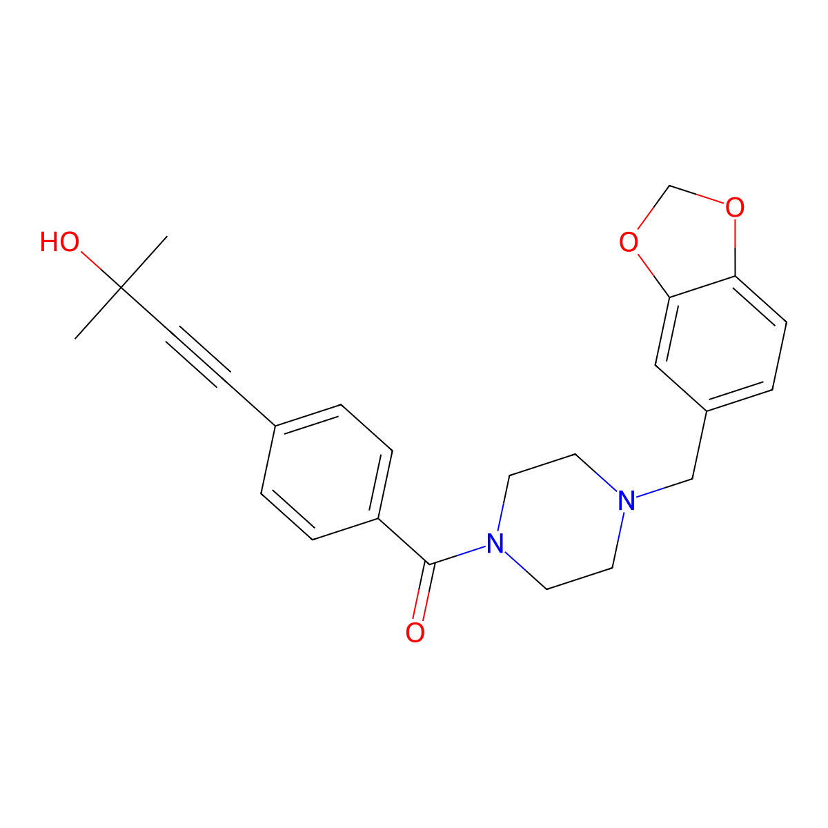 [4-(1,3-Benzodioxol-5-ylmethyl)piperazin-1-yl]-[4-(3-hydroxy-3-methylbut-1-ynyl)phenyl]methanone molecular structure, CAS 438477-80-6
