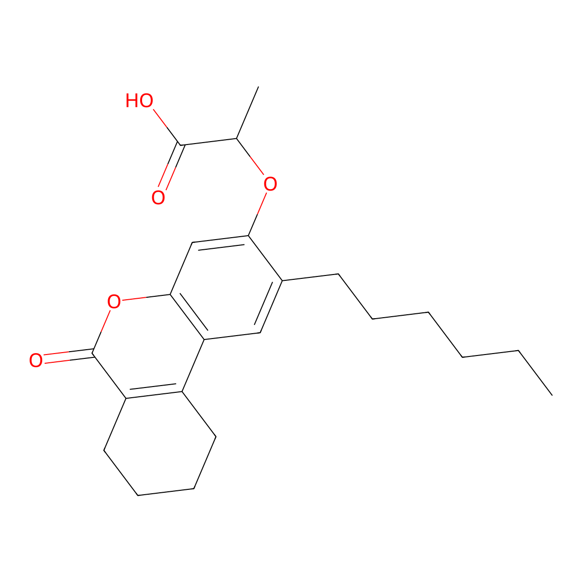 2-[(2-hexyl-6-oxo-7,8,9,10-tetrahydro-6H-benzo[c]chromen-3-yl)oxy]propanoic acid molecular structure, CAS 438479-96-0