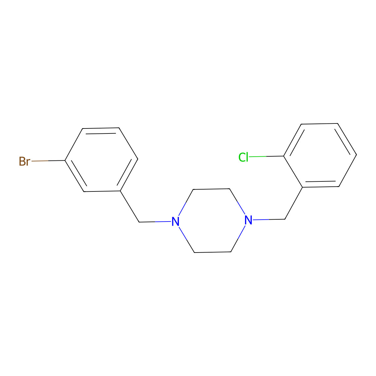 1-[(3-Bromophenyl)methyl]-4-[(2-chlorophenyl)methyl]piperazine molecular structure, CAS 438479-97-1