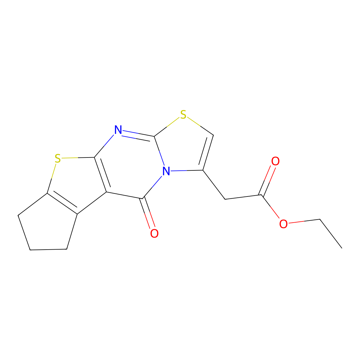 Ethyl 2-(5-oxo-4,6,7,8-tetrahydrocyclopenta[1,2-d]1,3-thiazolino[3',2'-1,2]pyr imidino[4,5-b]thiophen-3-yl)acetate molecular structure, CAS 438481-38-0