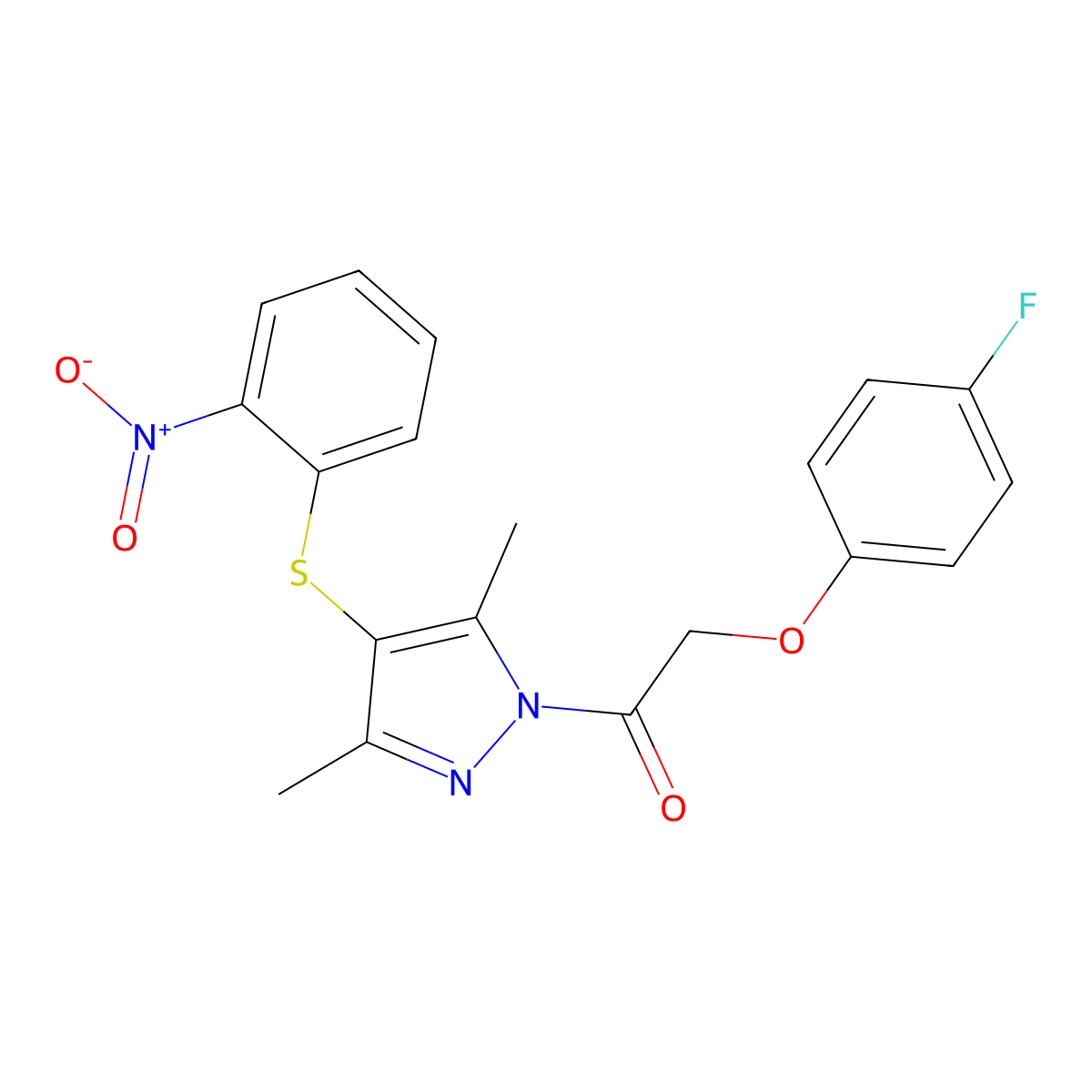 1-[3,5-Dimethyl-4-(2-nitrophenyl)sulfanylpyrazol-1-yl]-2-(4-fluorophenoxy)ethanone molecular structure, CAS 438481-49-3
