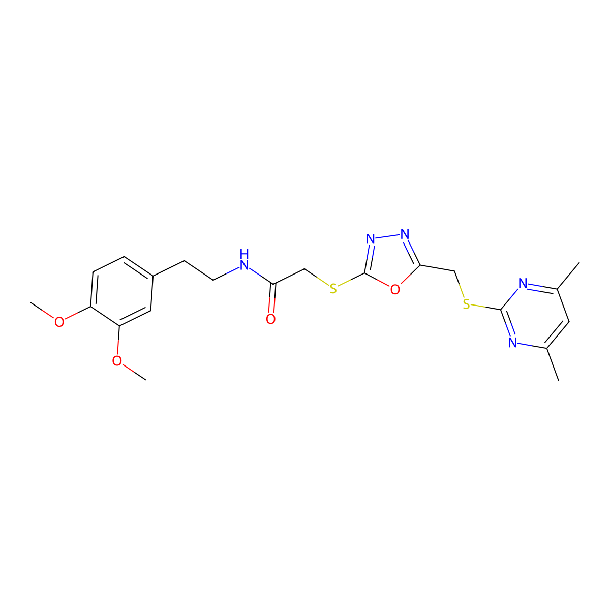 N-[2-(3,4-dimethoxyphenyl)ethyl]-2-[[5-[(4,6-dimethylpyrimidin-2-yl)sulfanylmethyl]-1,3,4-oxadiazol-2-yl]sulfanyl]acetamide molecular structure, CAS 438481-59-5
