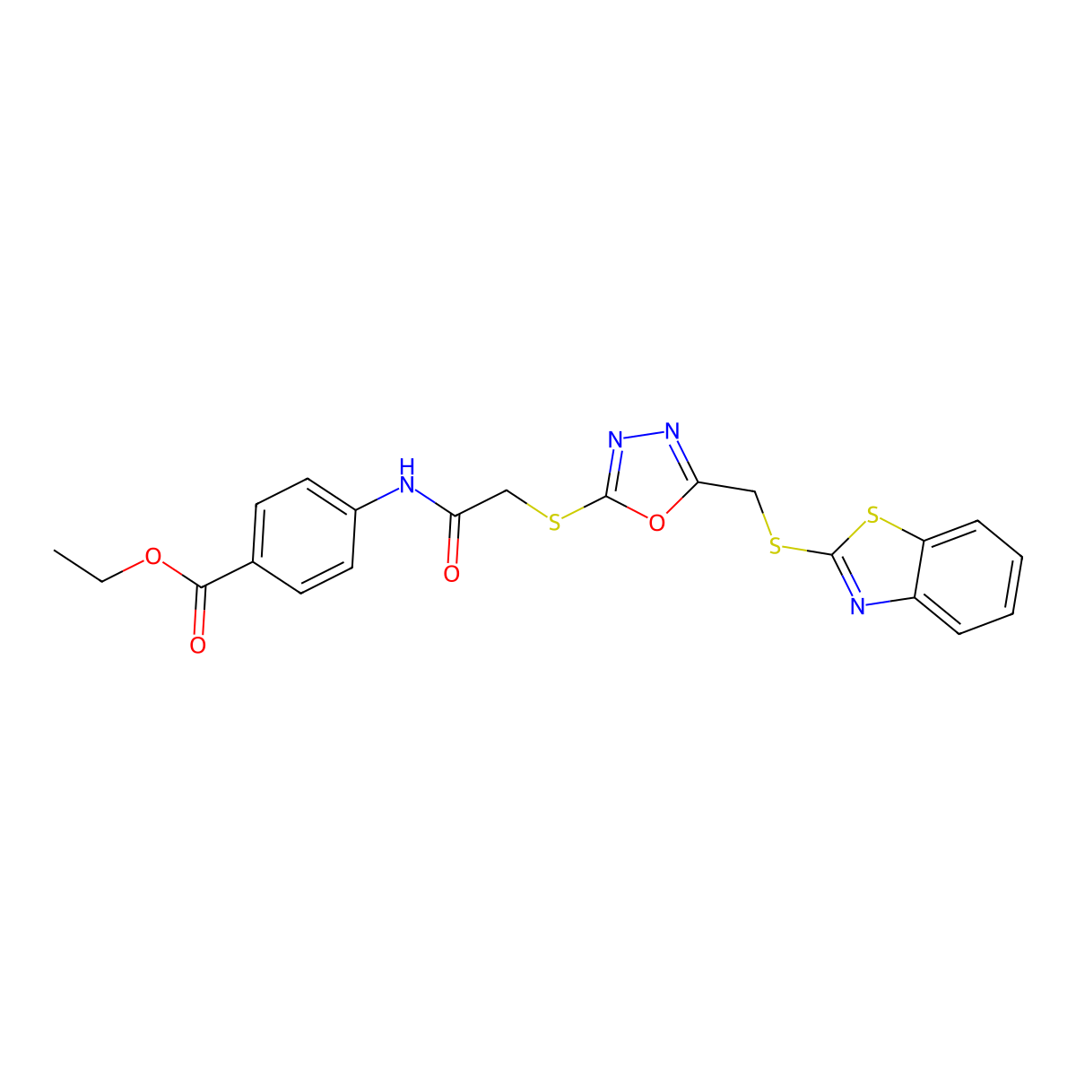 Ethyl 4-[[2-[[5-(1,3-benzothiazol-2-ylsulfanylmethyl)-1,3,4-oxadiazol-2-yl]sulfanyl]acetyl]amino]benzoate molecular structure, CAS 438481-65-3