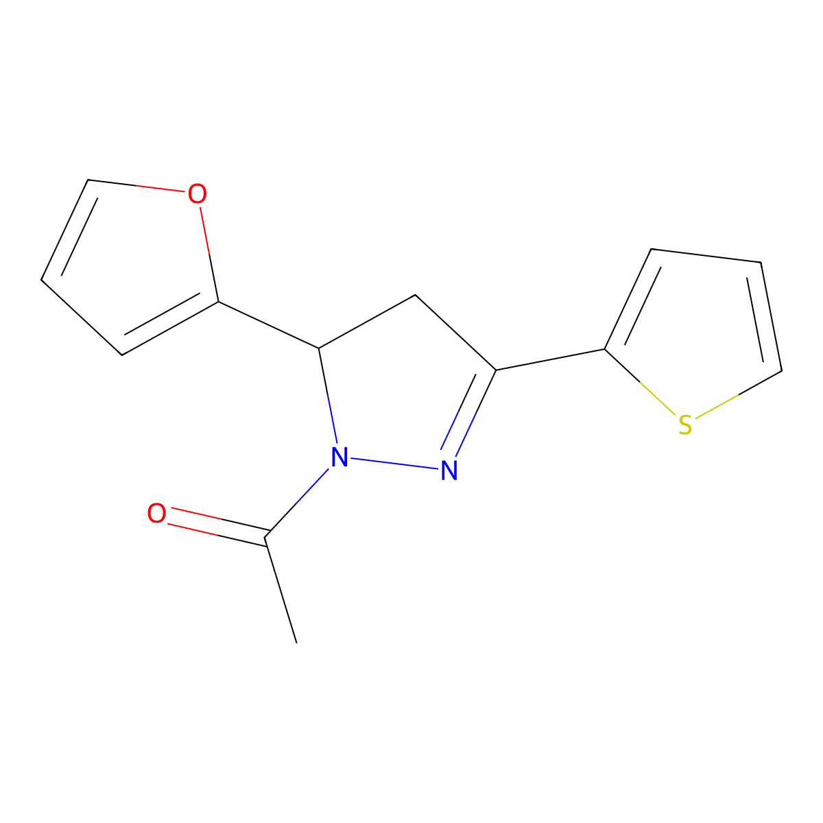 1-[3-(Furan-2-yl)-5-thiophen-2-yl-3,4-dihydropyrazol-2-yl]ethanone molecular structure, CAS 438481-81-3