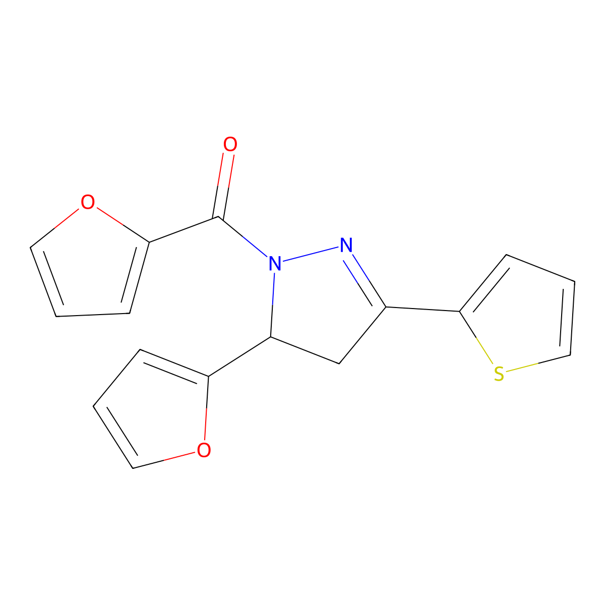 1-(2-furoyl)-5-(2-furyl)-3-(2-thienyl)-4,5-dihydro-1H-pyrazole molecular structure, CAS 438481-83-5