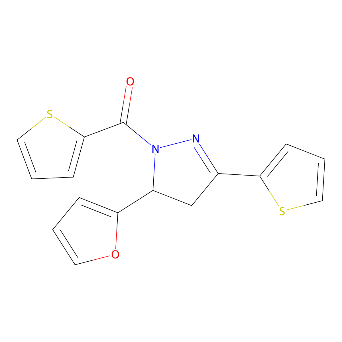(5-(furan-2-yl)-3-(thiophen-2-yl)-4,5-dihydro-1H-pyrazol-1-yl)(thiophen-2-yl)methanone molecular structure, CAS 438481-90-4