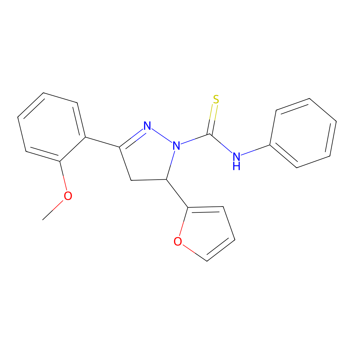 5-(furan-2-yl)-3-(2-methoxyphenyl)-N-phenyl-4,5-dihydro-1H-pyrazole-1-carbothioamide molecular structure, CAS 438481-99-3